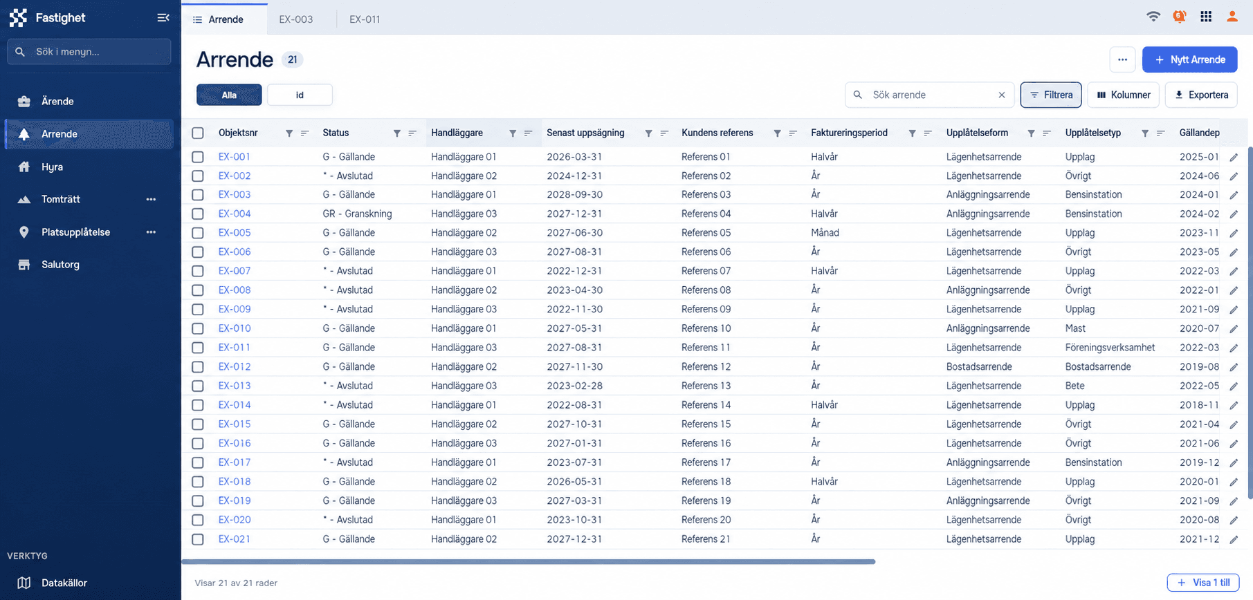 Anonymiserad produktvy med fastighetsobjekt, avtalsinformation och tabell.
