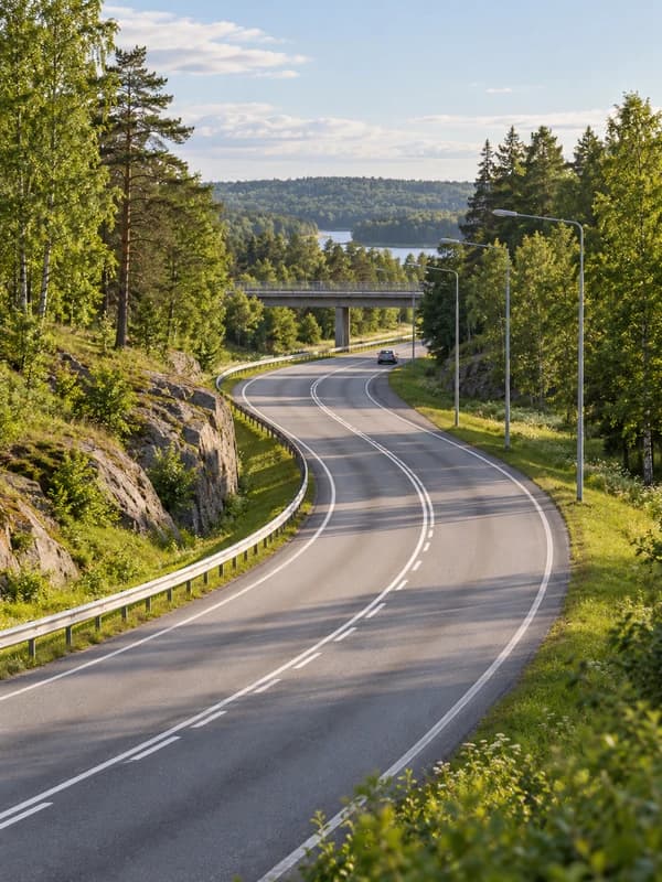 Välskött väg med belysning genom ett grönt svenskt landskap.